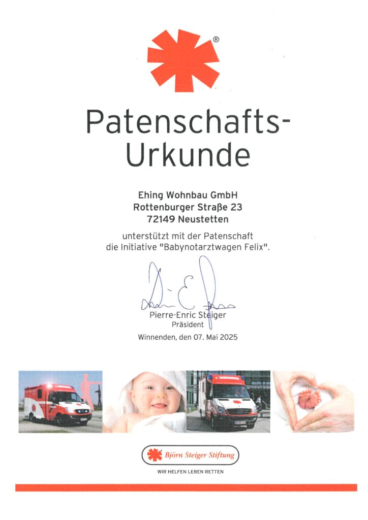 Patenschaftsurkunde September 2025 Baby-Notarztwagen