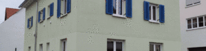 Bausweisen-1920x480 1 | Ehing Wohnbau GmbH | Ehing Wohnbau GmbH Two-story building with pale green walls and bright blue window shutters, white-framed windows along the facade.